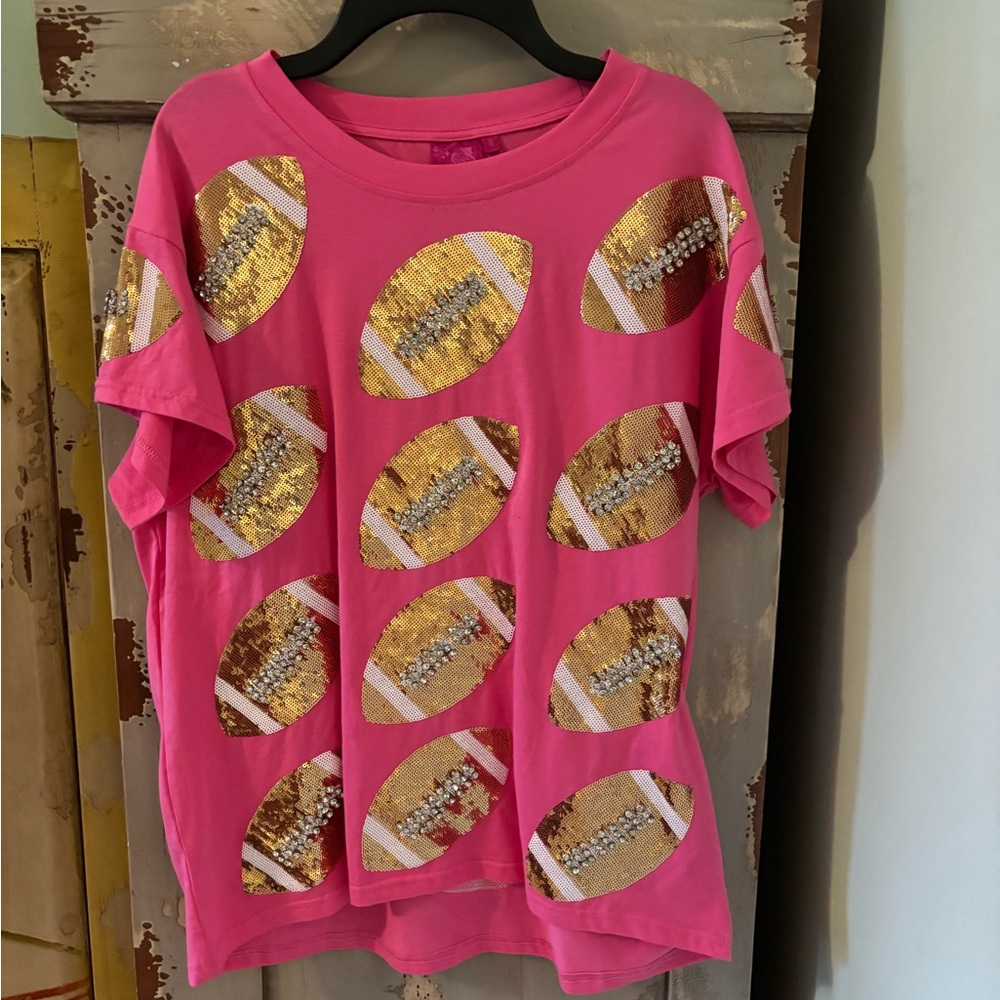 QUEEN OF SPARKLES Hot Pink Short Sleeve Sequin Football Tee